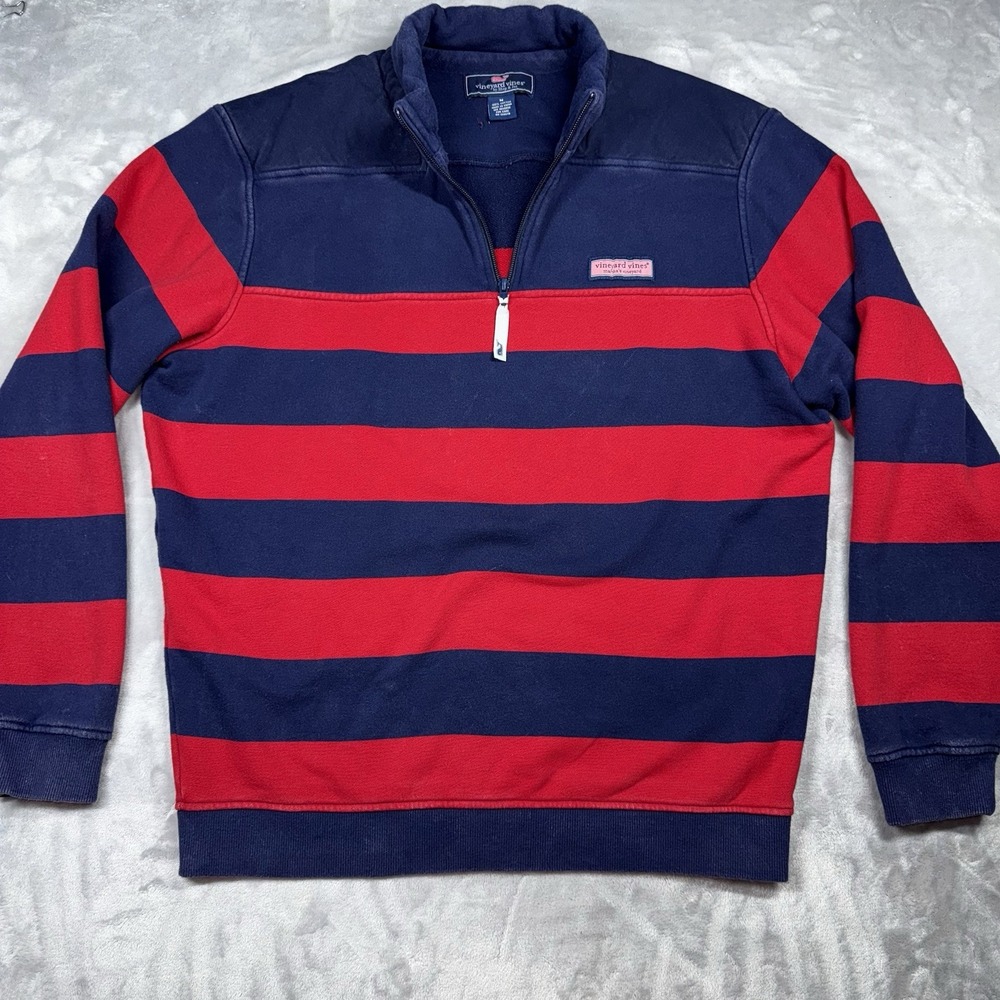 Vineyard Vines Medium Quarter Zip Pullover Mens Navy Red Striped Cotton Sweater